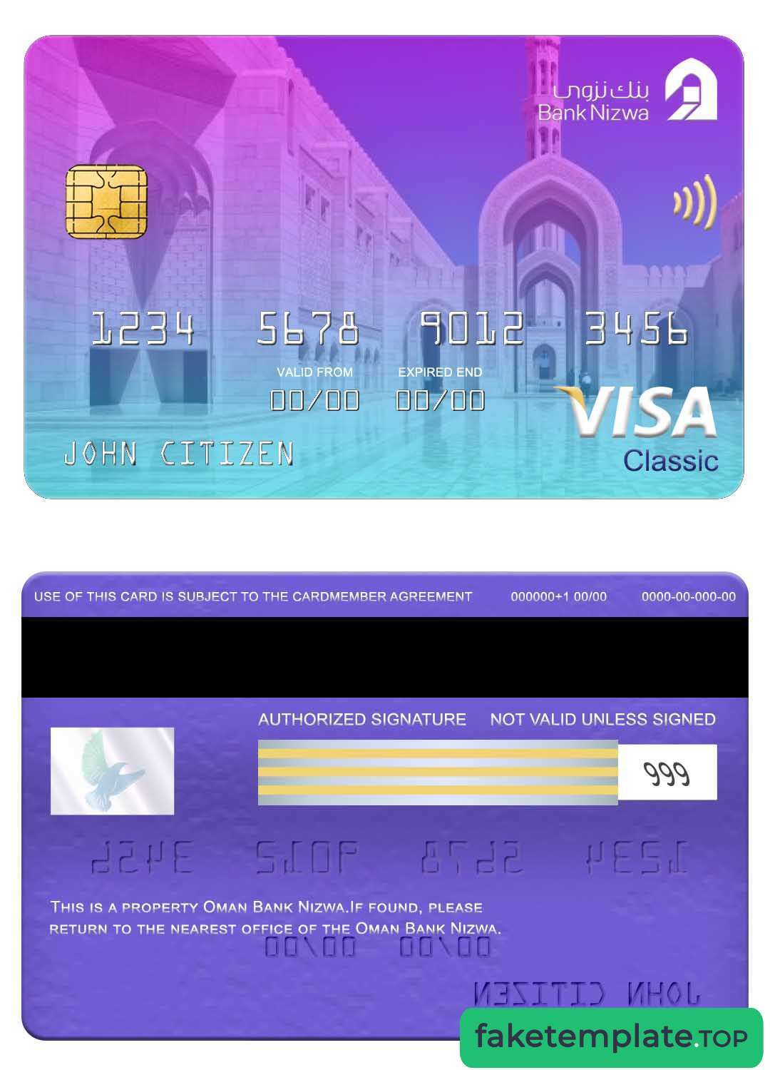 Feature of fake Oman Bank Nizwa visa classic card